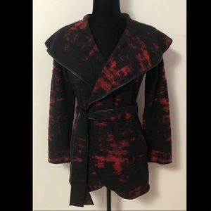 INC International Concepts Black & Red Abstract Leather Trimmed Cardigan Size XS